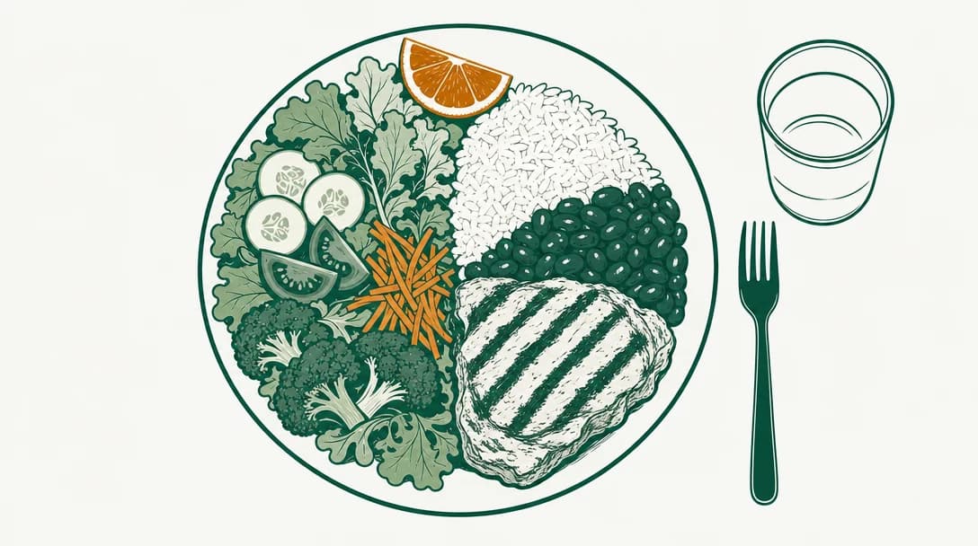 Prato montado como o Guia Alimentar ensina: metade verduras e legumes, um quarto arroz e feijão, um quarto carne grelhada